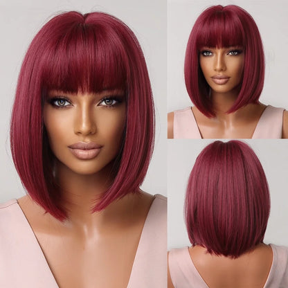 Short Straight Synthetic Wigs for Women & Girls - Blonde to Brown Ombre Bob Wigs with Bangs, Heat Resistant