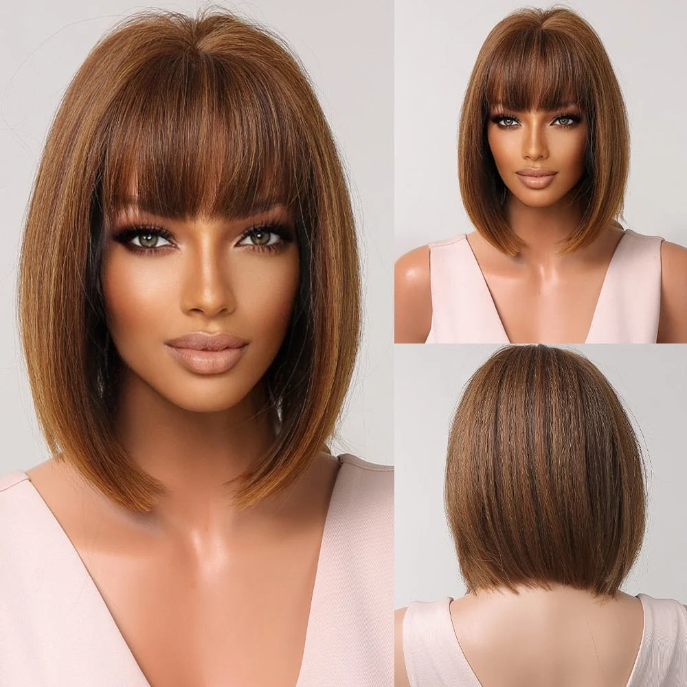 Short Straight Synthetic Wigs for Women & Girls - Blonde to Brown Ombre Bob Wigs with Bangs, Heat Resistant