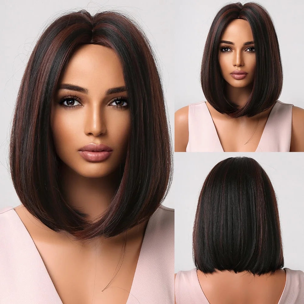 Short Straight Synthetic Wigs for Women & Girls - Blonde to Brown Ombre Bob Wigs with Bangs, Heat Resistant
