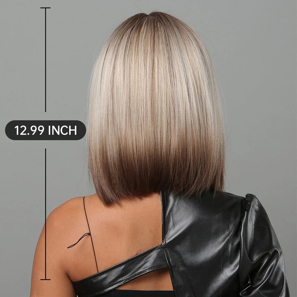 Short Straight Synthetic Wigs for Women & Girls - Blonde to Brown Ombre Bob Wigs with Bangs, Heat Resistant