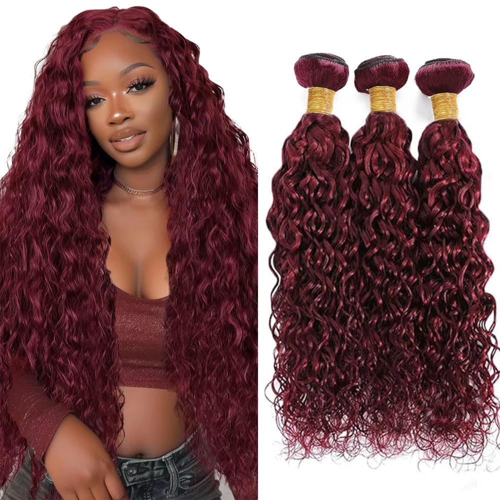 Burgundy Ocean Wavy Human Hair Extensions 8-30 Inch, 3 Bundles, Sew-In Installation
