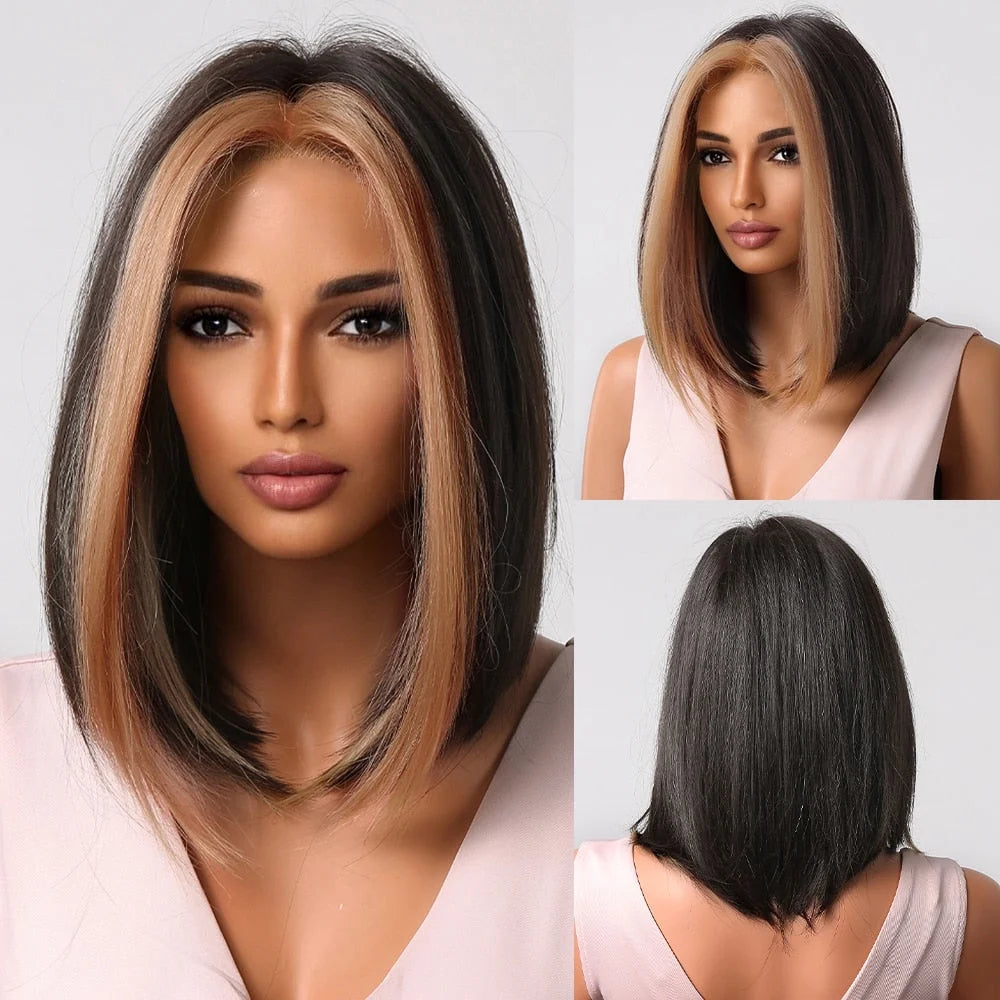 Short Straight Synthetic Wigs for Women & Girls - Blonde to Brown Ombre Bob Wigs with Bangs, Heat Resistant