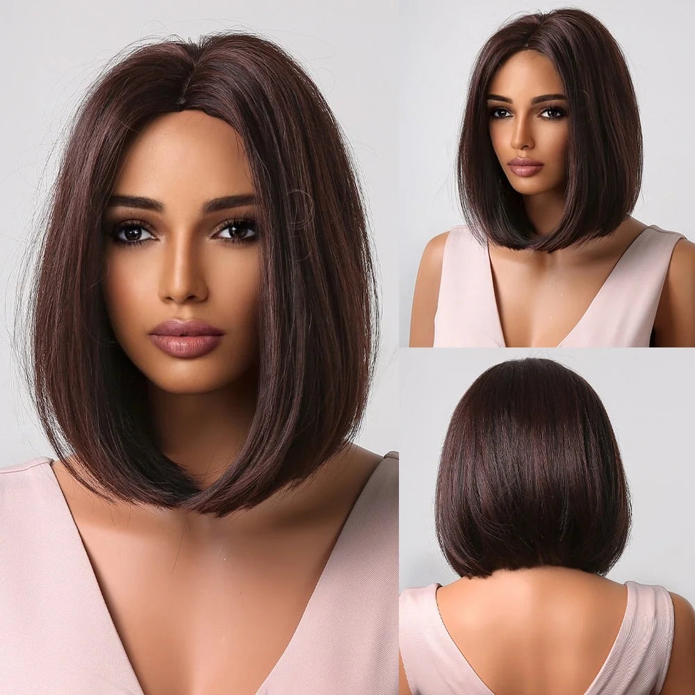 Short Straight Synthetic Wigs for Women & Girls - Blonde to Brown Ombre Bob Wigs with Bangs, Heat Resistant
