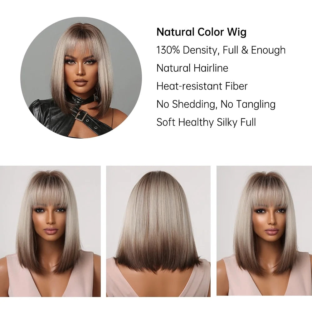 Short Straight Synthetic Wigs for Women & Girls - Blonde to Brown Ombre Bob Wigs with Bangs, Heat Resistant
