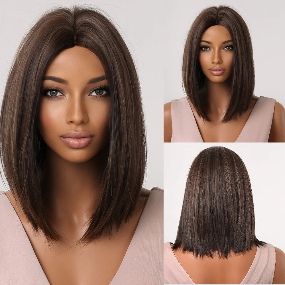 Short Straight Synthetic Wigs for Women & Girls - Blonde to Brown Ombre Bob Wigs with Bangs, Heat Resistant
