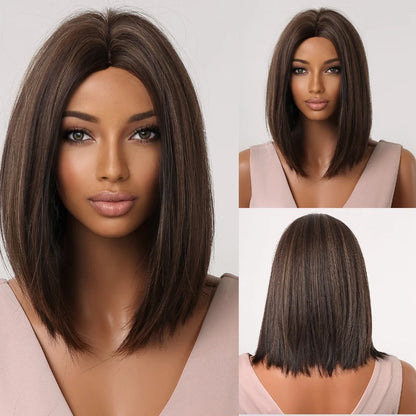 Short Straight Synthetic Wigs for Women & Girls - Blonde to Brown Ombre Bob Wigs with Bangs, Heat Resistant