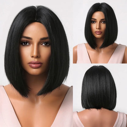 Short Straight Synthetic Wigs for Women & Girls - Blonde to Brown Ombre Bob Wigs with Bangs, Heat Resistant