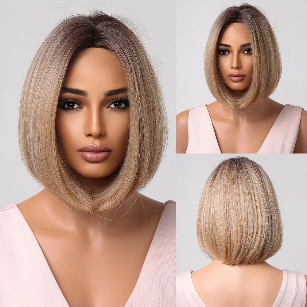 Short Straight Synthetic Wigs for Women & Girls - Blonde to Brown Ombre Bob Wigs with Bangs, Heat Resistant