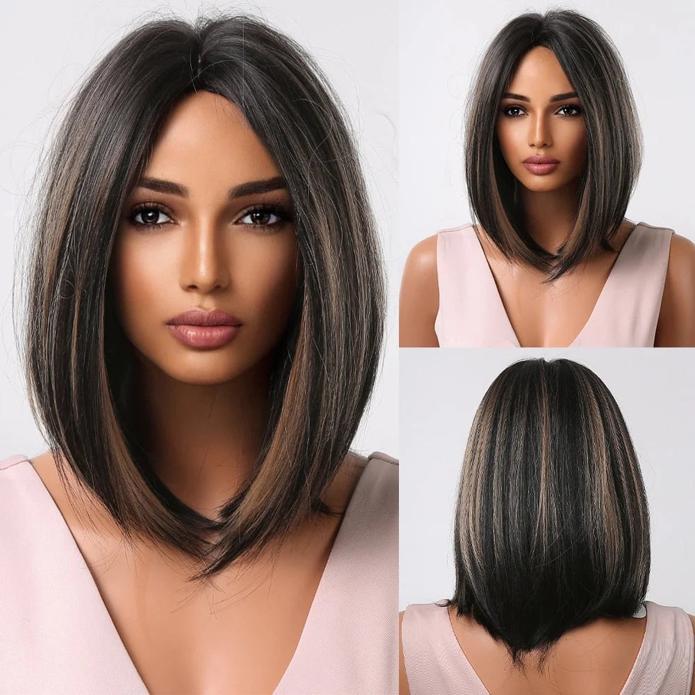 Short Straight Synthetic Wigs for Women & Girls - Blonde to Brown Ombre Bob Wigs with Bangs, Heat Resistant