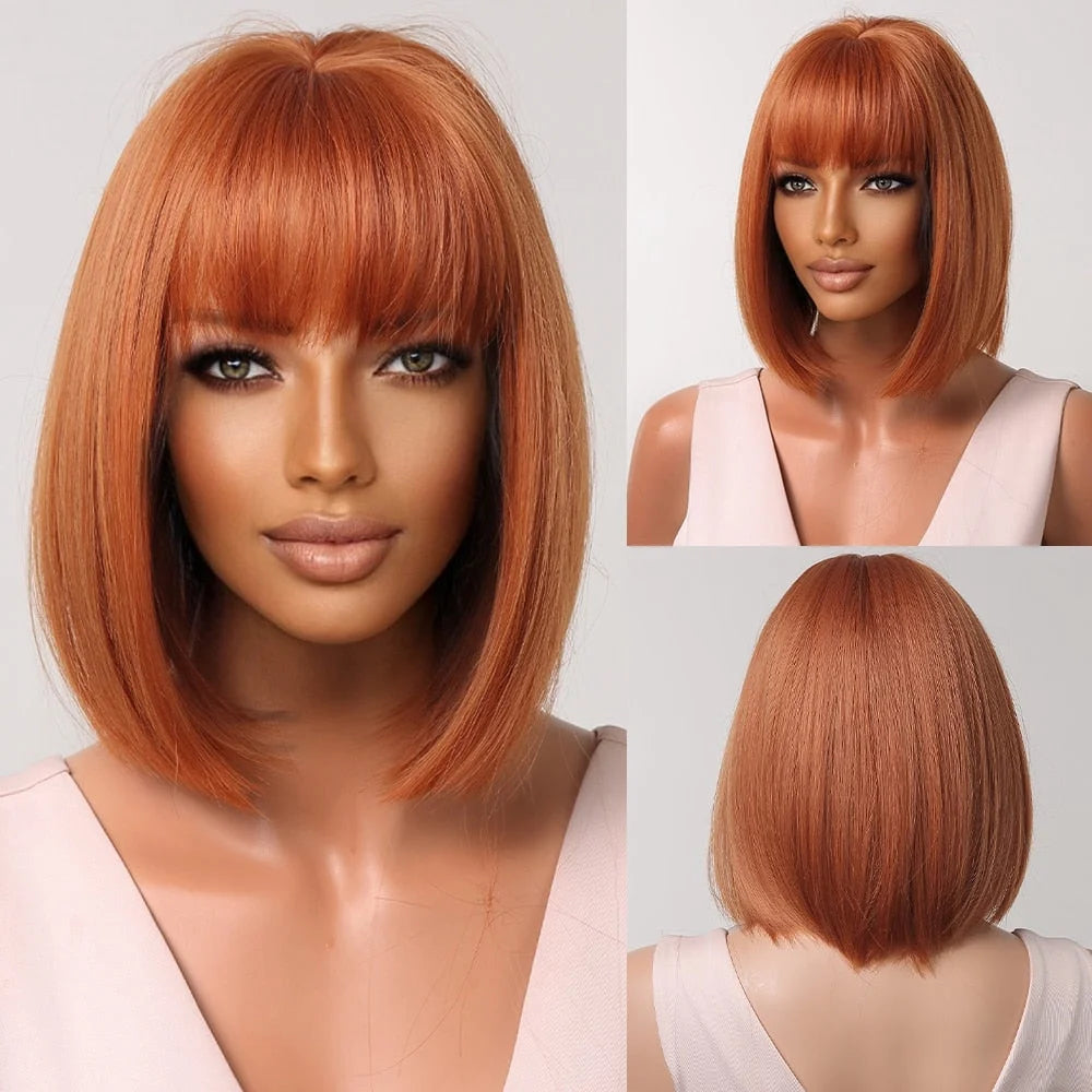 Short Straight Synthetic Wigs for Women & Girls - Blonde to Brown Ombre Bob Wigs with Bangs, Heat Resistant