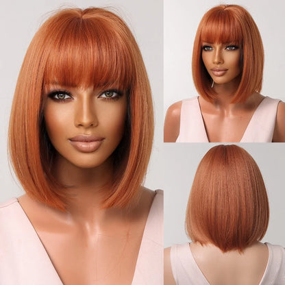 Short Straight Synthetic Wigs for Women & Girls - Blonde to Brown Ombre Bob Wigs with Bangs, Heat Resistant