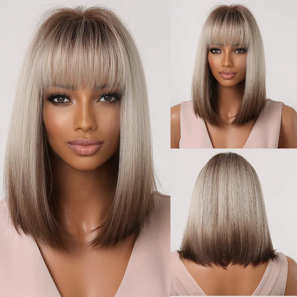 Short Straight Synthetic Wigs for Women & Girls - Blonde to Brown Ombre Bob Wigs with Bangs, Heat Resistant